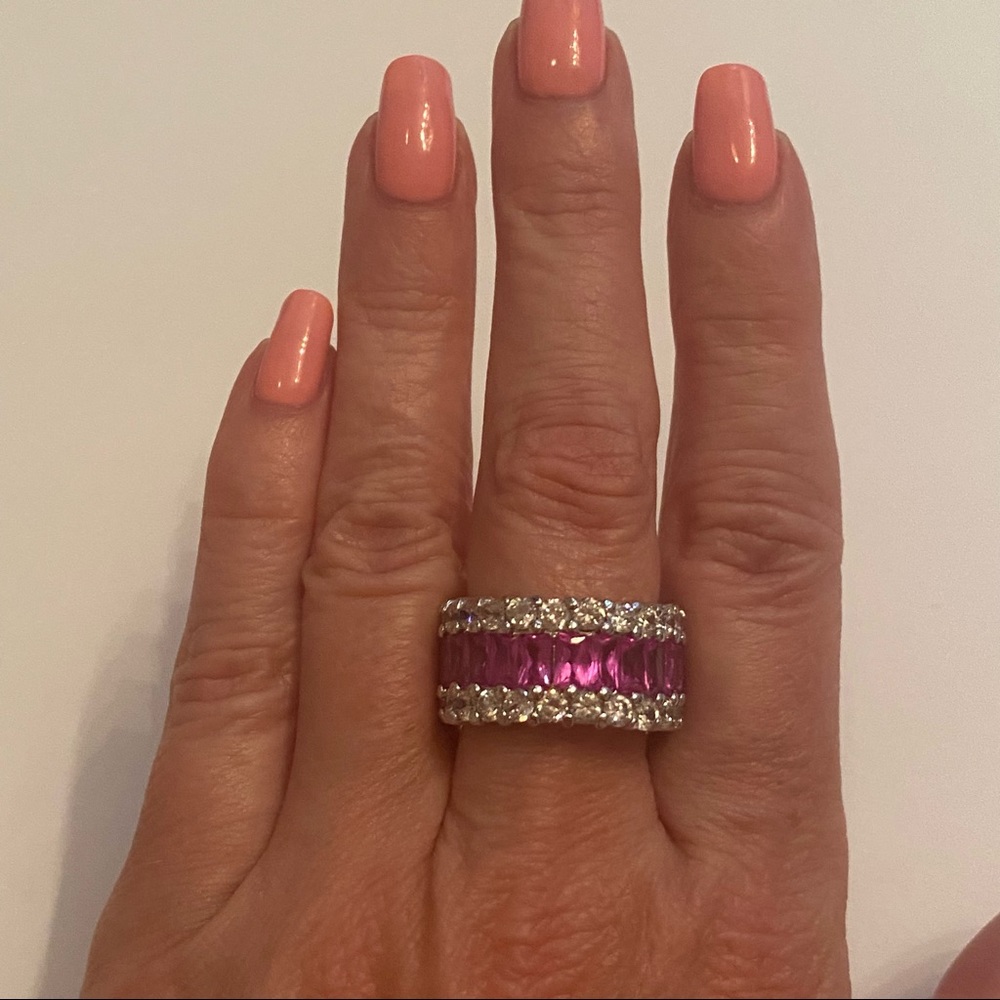 CHARLES WINSTON CWE RING ETERNITY BAND 925 STERLING SILVER CZ CLEAR & PINK Sz 8